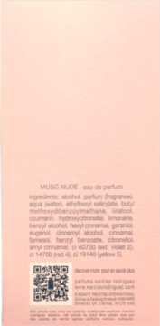 Tył brzoskwiniowego opakowania wody perfumowanej Narciso Rodriguez Musc Nude, widoczna lista składników i kod QR.