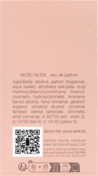 Tył wegańskich perfum Narciso Rodriguez For Her Musc Nude EDP, jasnoróżowe opakowanie z listą składników.