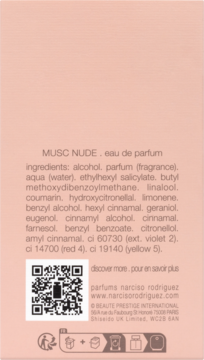 Tył opakowania perfum Narciso Rodriguez For Her Musc Nude, z listą składników i kodem QR na beżowym tle.