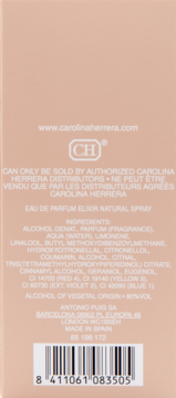 Tył opakowania Carolina Herrera Eau de Parfum Elixir, różowe, z listą składników i kodem kreskowym.