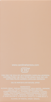Tył beżowego opakowania perfum Carolina Herrera Elixir Natural Spray, widoczne informacje i skład.