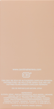 Tył opakowania perfum Carolina Herrera 212 VIP Rosé Elixir, beżowe pudełko z tekstem o składzie i dystrybucji.