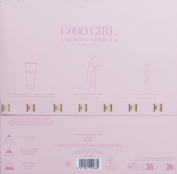 Tył różowego pudełka Carolina Herrera Good Girl, pokazujący flakon w kształcie buta, miniaturę i balsam.