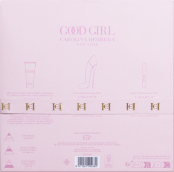 Tył różowego opakowania zestawu zapachowego Carolina Herrera Good Girl, z ikonami balsamu i perfum.
