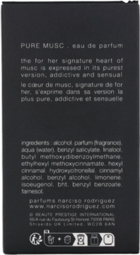 Tył czarnego opakowania perfum Narciso Rodriguez Pure Musc z białym tekstem i listą składników.