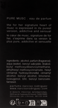 Tył czarnego opakowania perfum Pure Musc eau de parfum z białym tekstem, listą składników i opisem zapachu.