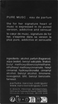 Tył czarnego opakowania perfum Pure Musc For Her z białą listą składników i opisem zapachu.