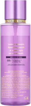 Tył fioletowej mgiełki do ciała Victoria's Secret Love Spell Sol z opisem nut zapachowych.