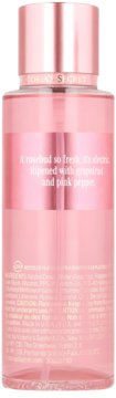 Victoria's Secret Petal Buzz mgiełka do ciała, tył różowej butelki z nutami: pączek róży, grejpfrut, różowy pieprz.