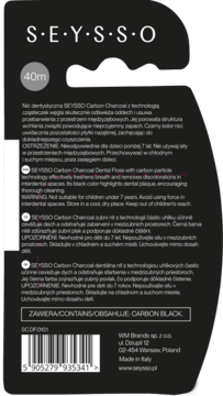 Tył czarnej zawieszki nici dentystycznej Seysso Carbon Charcoal 40m z informacjami o produkcie.