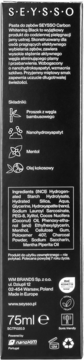 Seysso Whitening Black pasta do zębów, tył czarnego opakowania z opisem, składnikami INCI i pojemnością 75 ml.