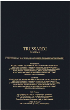 Tył eleganckiego, czarnego opakowania perfum Trussardi Parfums z białym logo i listami składników.
