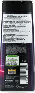 Tył ciemnej butelki żelu Isana Men 3w1 Level Up do ciała, twarzy, włosów. Etykieta, kod kreskowy, 300ml.
