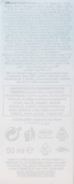 Tył opakowania damskiej wody perfumowanej Avon Perceive 50ml, z listą składników i symbolami recyklingu.