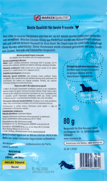 Tylna strona niebieskiego opakowania Winston Chicken-Sticks, 80g smaczków dla psa, z tekstem i kodem.