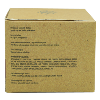 Tył brązowego opakowania Sattva henna w kostce Dark Brown. Widoczne szczegóły produktu i lista składników.