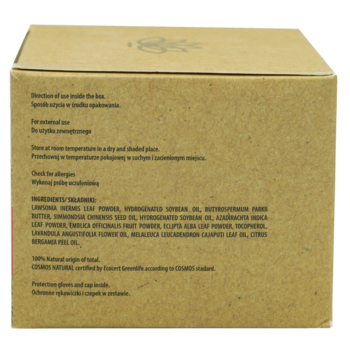 Bok brązowego opakowania Sattva henna w kostce Pure Red. Widoczne informacje o składzie i certyfikacie ECOCERT.