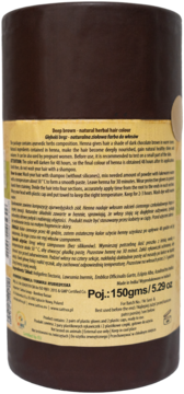 Tył brązowego opakowania ziołowej farby do włosów Sattva Ayurveda Deep Brown 150g z instrukcjami.