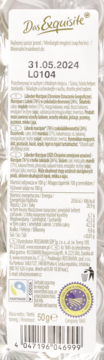 Tył opakowania czekoladek marcepanowych Lubeckich Das Exquisite z datą ważności, składem i masą 50g.