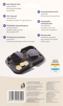 Tył opakowania czarnej, teksturowanej podkładki antypoślizgowej, z okularami i monetami, przeznaczonej do samochodu.