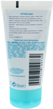 Tył białej tubki L'Oréal AFTER-SUN 50ml z niebieską nakrętką, widoczne składniki i kod kreskowy.