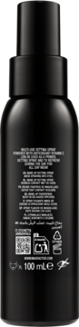 Tylny widok czarnej butelki Max Factor Facefinity Setting Spray 100 ml z białym tekstem i symbolami.