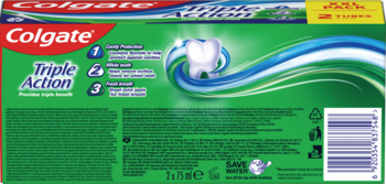 Tył zielonego opakowania pasty Colgate Triple Action, widoczne benefity: ochrona, bielsze zęby, świeży oddech.