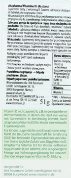 Altapharma Witamina D3 dla dzieci, suplement diety, opakowanie, biała etykieta z zieloną sekcją tekstu, widok przodu.