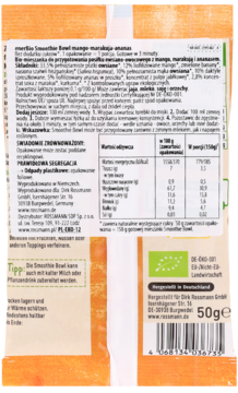 EnerBIO Smoothie Bowl Mango-Marakuja-Ananas, tył pomarańczowego opakowania, dane odżywcze, certyfikat bio.