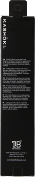 Tył czarnego opakowania Kashōki Flat Top Kabuki Brush z białymi opisami produktu w kilku językach.