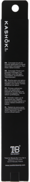 Tył czarnego opakowania pędzla do korektora Kashōki, z opisami produktu w wielu językach i logo TB.