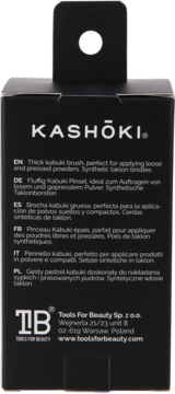 Tył czarnego opakowania KASHŌKI pędzla kabuki do pudrów, z opisami i danymi producenta, syntetyczny taklon.