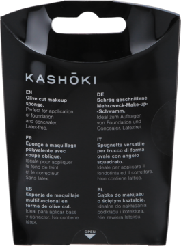 Tył czarnego opakowania gąbki do makijażu Kashōki z opisem "Olive cut" w kilku językach, latex-free.
