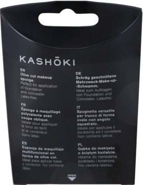 Czarny tył opakowania gąbki KASHŌKI olive cut do makijażu, opis w językach EN, DE, IT, ES, PL, bez lateksu.