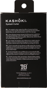 Tył czarnego opakowania zalotki KASHŌKI Eyelash Curler z białym logo i opisem produktu w wielu językach.