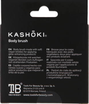 Tył czarnego opakowania KASHŌKI Body brush, pędzla kabuki z wegańskim włosiem do rozświetlacza.