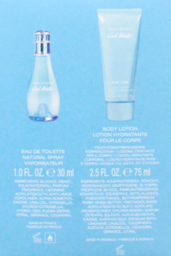 Zestaw Davidoff Cool Water Femme: błękitna butelka wody toaletowej 30ml i tuba balsamu 75ml, widok z przodu.