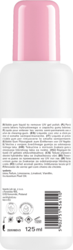 Tył białej butelki acetonu Hi Hybrid 125ml o zapachu gumy balonowej, z różową zakrętką i kodem kreskowym.
