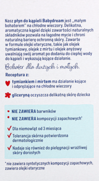 Etykieta Babydream płynu do kąpieli na przeziębienie z tymiankiem i mirtem, dla dzieci od 3m+. Widok informacyjny.