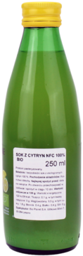 Zielona butelka organicznego soku z cytryn NFC 100%, 250 ml, widok z tyłu z etykietą i składem.