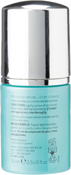 Tył niebieskiej butelki serum pod oczy Elemis Pro-Collagen 15ml z instrukcją użycia i symbolami.