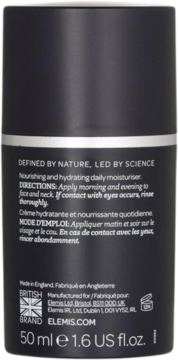 Tył ciemnoszarego kremu nawilżającego Elemis Men 50ml, z białym tekstem i danymi producenta.