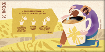 Ilustracja kawy zbożowej Anatol waniliowej: mężczyzna z kubkiem, obok instrukcje łatwego parzenia.