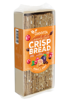 Pionowe opakowanie pełnoziarnistego pieczywa chrupkiego Danvita Granola Style z owocami i miodem, widok z przodu.