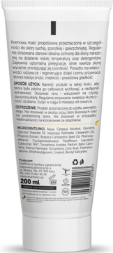 Biała tubka maści propolisowej 200 ml do skóry suchej i szorstkiej, widok z tyłu z polskim opisem produktu.