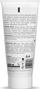 Tył białej tuby kremowej maści Mumio 200ml, z pełnym opisem, składem i kodem EAN.