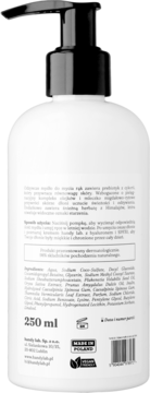 Tył butelki mydła Hand Lab 250ml z prebiotykiem. Biała, z czarną pompką, etykieta ze składem naturalnym i napisem "Vegan, Made in Poland".