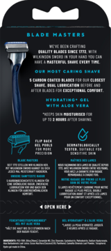 Tył opakowania maszynki Wilkinson Sword Hydro 5 z opisem funkcji: 5 ostrzy, nawilżający żel, dla skóry wrażliwej.