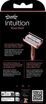Wilkinson Intuition Rose Gold maszynka do golenia z metalową rączką, różowe złoto, motylkowe otwieranie, podwójne ostrze, widok pod kątem.