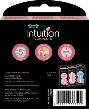 Tył czarnego opakowania Wilkinson Intuition Complete, zapasowe wkłady z 5 ostrzami, różowe akcenty, slim design.